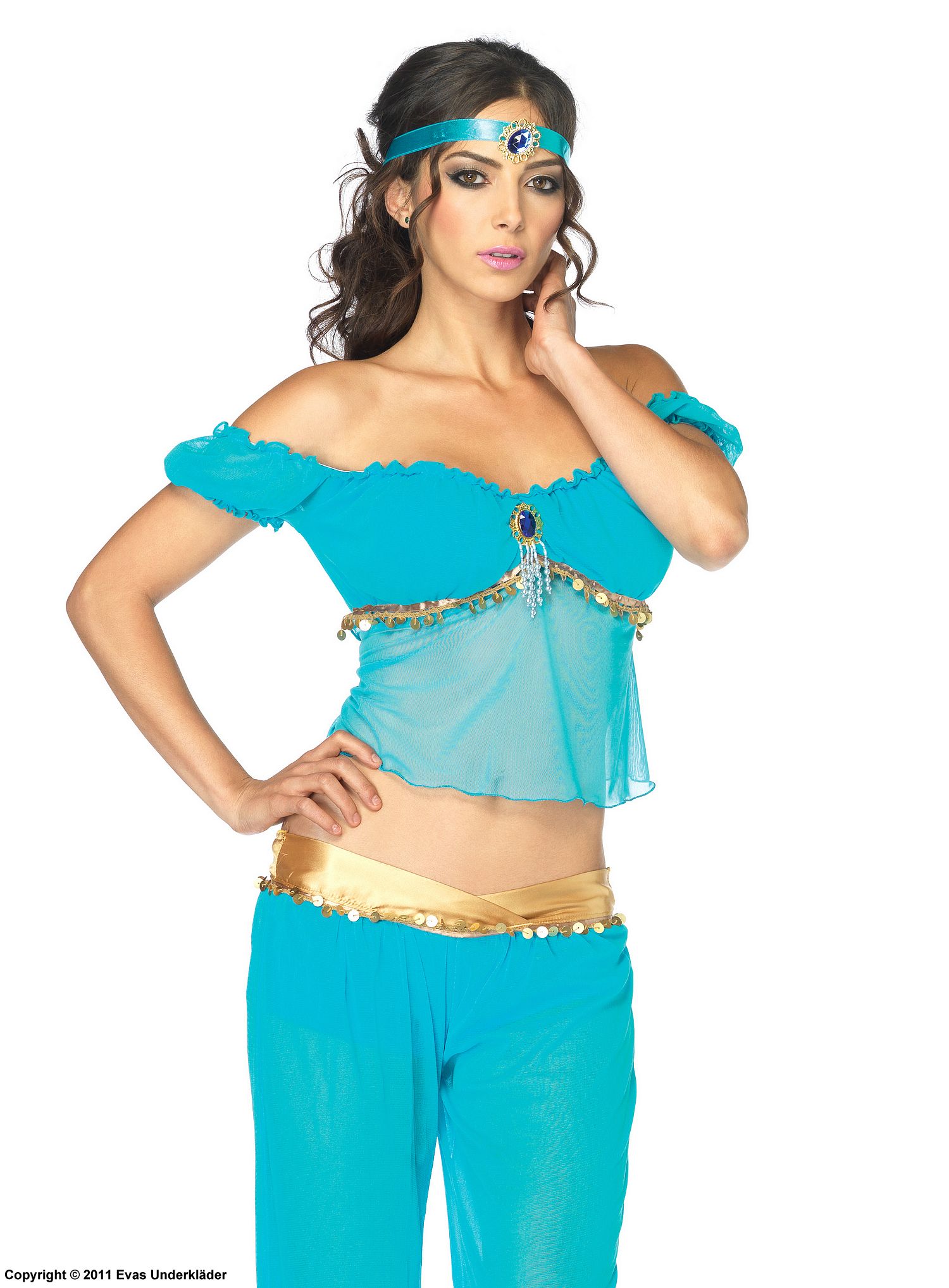 Princess Jasmine from Aladdin, costume top and leggings, rhinestones, off shoulder